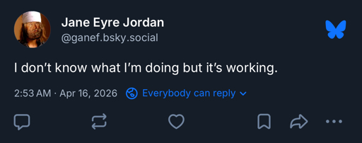 I don’t know what I’m doing but it’s working. Via a Bluesky post by ganef.bsky.social
