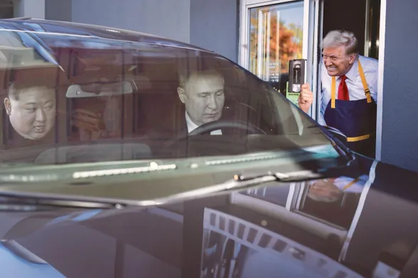 Putin and Kim Jung Un in a car pulled up at a McDonalds drive through window  and being served by Trump