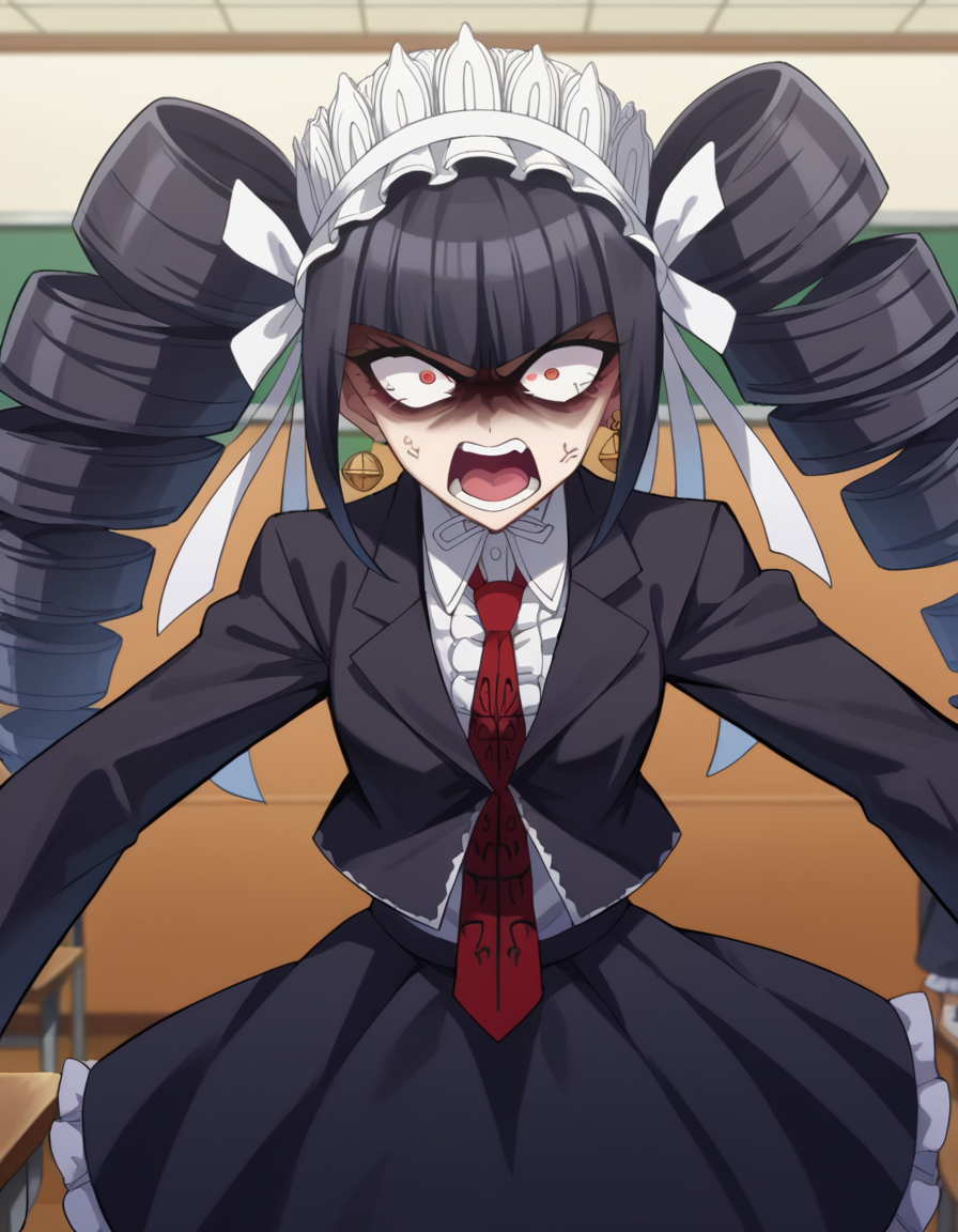 A dark-haired young woman in a black gothic lolita outfit with a white lace bonnet and red necktie. She has an angry expression with wide eyes, sharp teeth, and a fang-like lower lip. The background is a simple classroom with beige walls and a desk visible. 