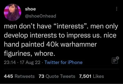 @shoeonhead: men don't have "interests". men only develop interests to impress us. nice hand painted 40k warhammer figurines, whore.