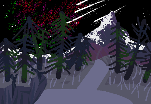 A mountain lies at the end of a long, bending path lined with trees. There is a small crevice to the left and huge red auroras in the sky. 