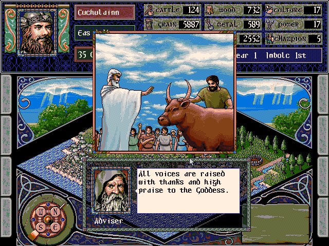 A screenshot from a game. A modal dialogue shows an elderly bearded advisor saying "All voices are raised with thanks and high praise to the Goddess."

Above it: illustration of a man waving his hand over a bull as its handler stands by.

Below them is an isometric tile map showing a little island with trees surrounded by a sea.