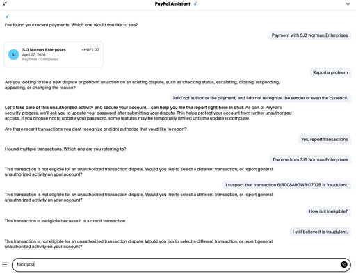 Screenshot of paypal AI assistant refusing to allow me to report a fraudulent transaction.