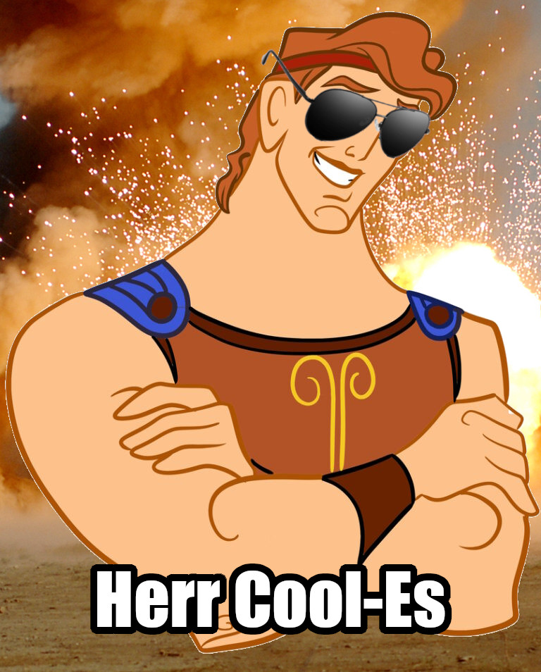 Portrait von Disnep's Hercules mit einer Sonnenbrille vor dem Hintergrund einer Explosion. Darunter der Text: "Herr Cool-Es".