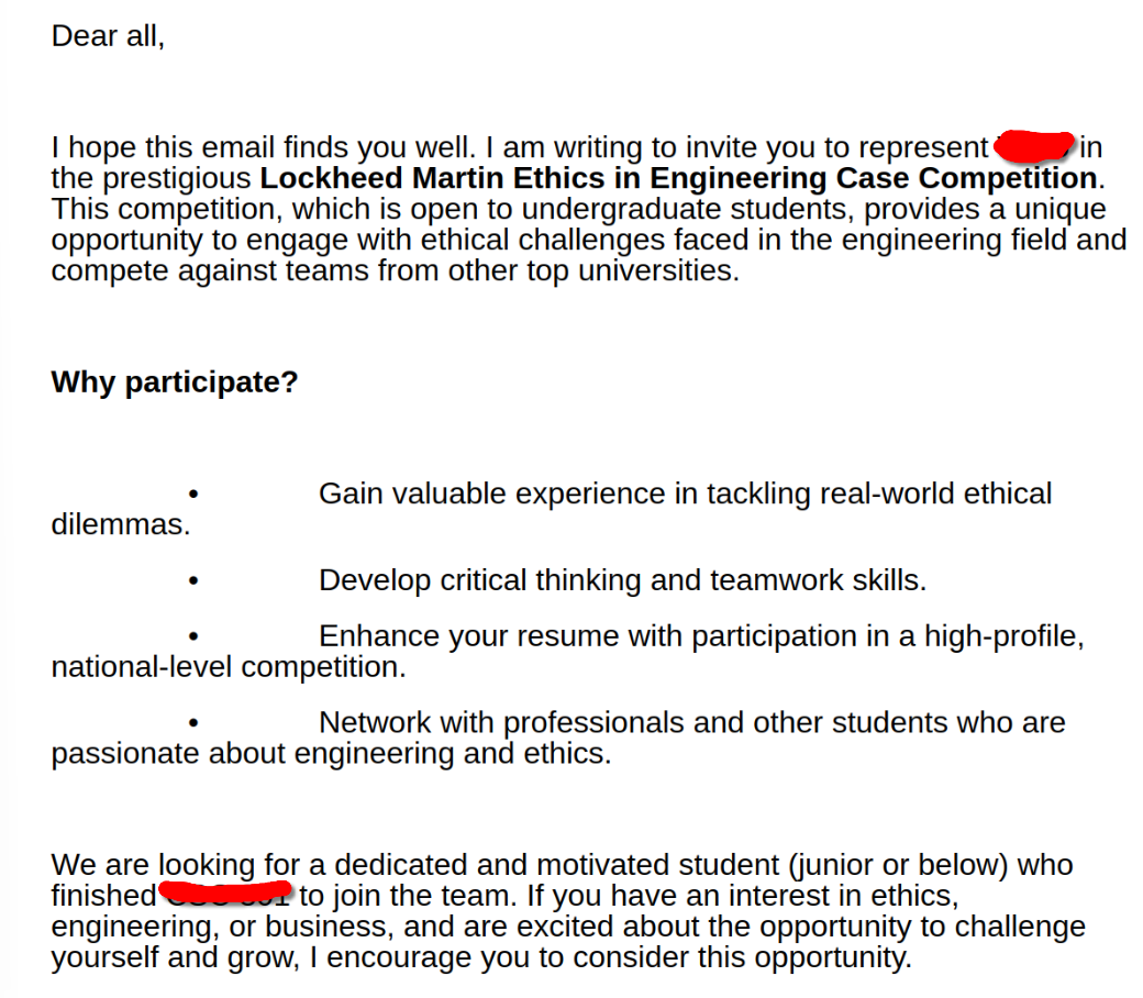 A screenshot of an email inviting undergraduate students to represent their university in the Lockheed Martin "Ethics" in Engineering Case Competition where they can get "valuable experience" in, among other things, "tackling real-world ethical dilemmas".