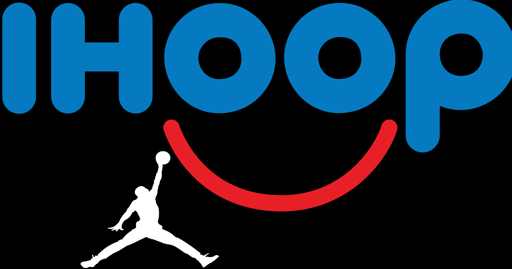 The IHOP logo altered to say "I hoop" with the Air Jordan logo underneath it, dunking into IHOP smile