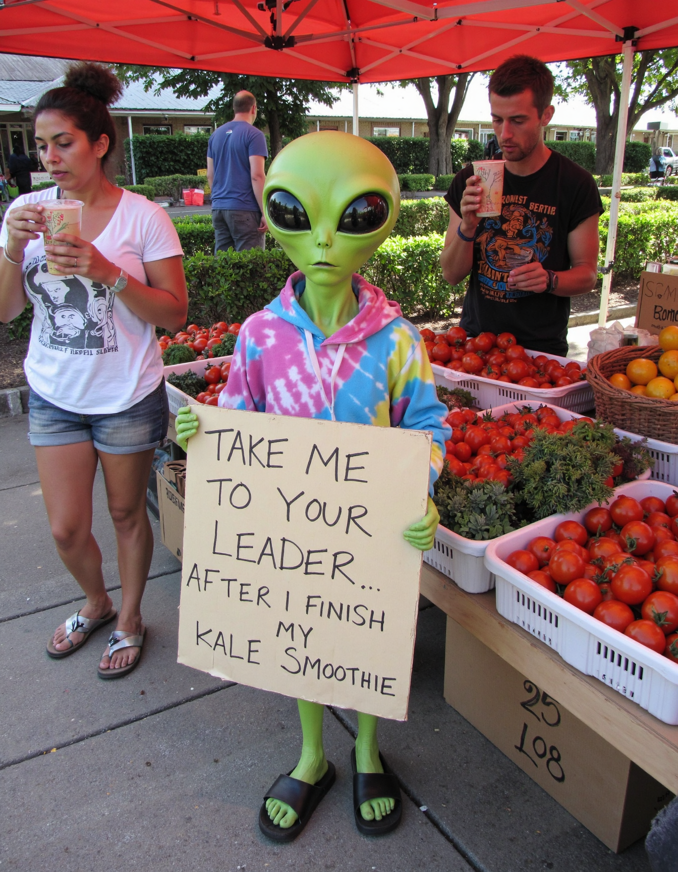 A classic green alien in a tie-dye hoodie and black flip-flops holding a cardboard sign at a farmers’ market. The sign reads, “TAKE ME TO YOUR LEADER… AFTER I FINISH MY KALE SMOOTHIE.” In the background, there are people standing near tables laden with fresh produce holding plastic cups. 