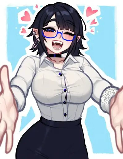 The image features Vivian Seong, a half-human half-vampire office lady. She has pointy ears, black neck-height hair that is slightly frilly, dark blue eyes, black mascara, vampire fangs and a fair complexion.   She is wearing neon blue half moon glasses, a very dark blue leather choker, a white long-sleeve office shirt with dark blue buttons in the shape of diamonds and a black high-waisted pencil skirt. She also has silver ear piercings near the tip of her ears and paperclips for earrings.   She is shown from the head to her hips, with her standing up and opening up her arms expecting a hug. She has her left eye closed, has an open-mouth smile mostly showing her vampire teeth and she is blushing. There are 6 love hearts surrounding her head.