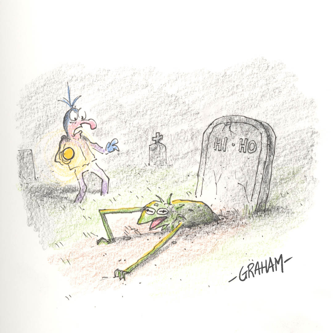 A cartoon illustration of an undead Kermit climbing out of a grave marked "Hi-Ho" as a surprised Gonzo watches with a flashlight.