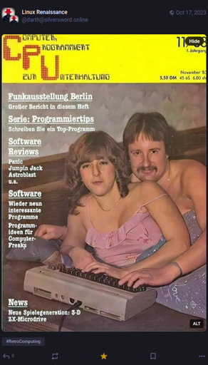 A screenshot of a mastodon post by Linux Rennaissance, showing an old, German PC magazine cover from 1983, with a decidedly 80s looking couple in bed together, spooning, while both of their hands are on the keyboard of old home computer