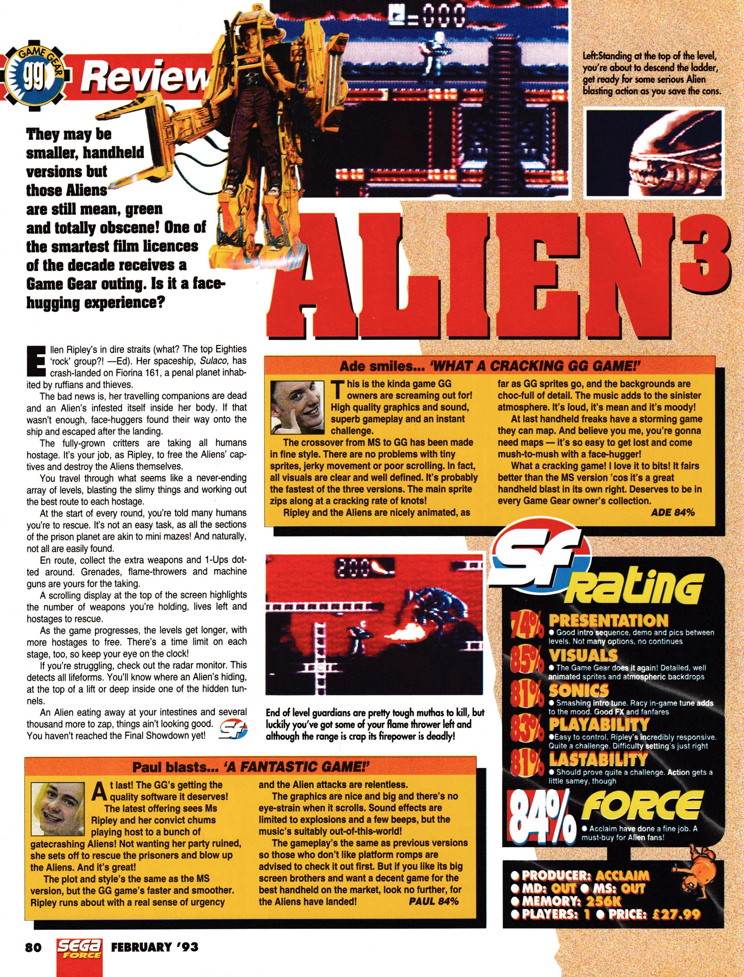 Review for Alien 3 on Game Gear from Sega Force 14 - February 1993 (UK)

score: 84%