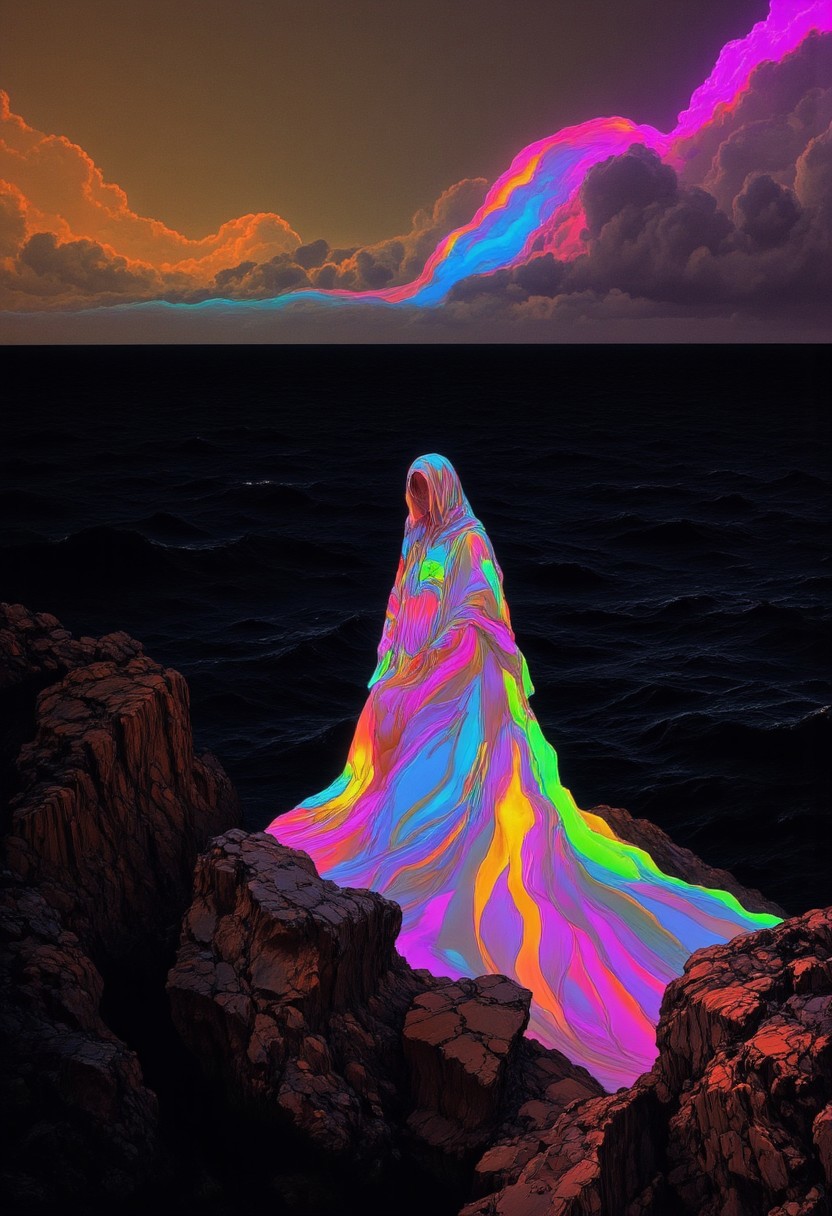 A figure draped in a flowing, multicolored cloak stands on rocky terrain by a dark ocean. The cloak is illuminated with vibrant hues of pink, blue, green, and yellow, in contrast to the dark sea and the rocky foreground. Above, the sky is filled with dramatic clouds, tinged with shades of orange and purple, and a streak of rainbow-colored light shines across the clouds.