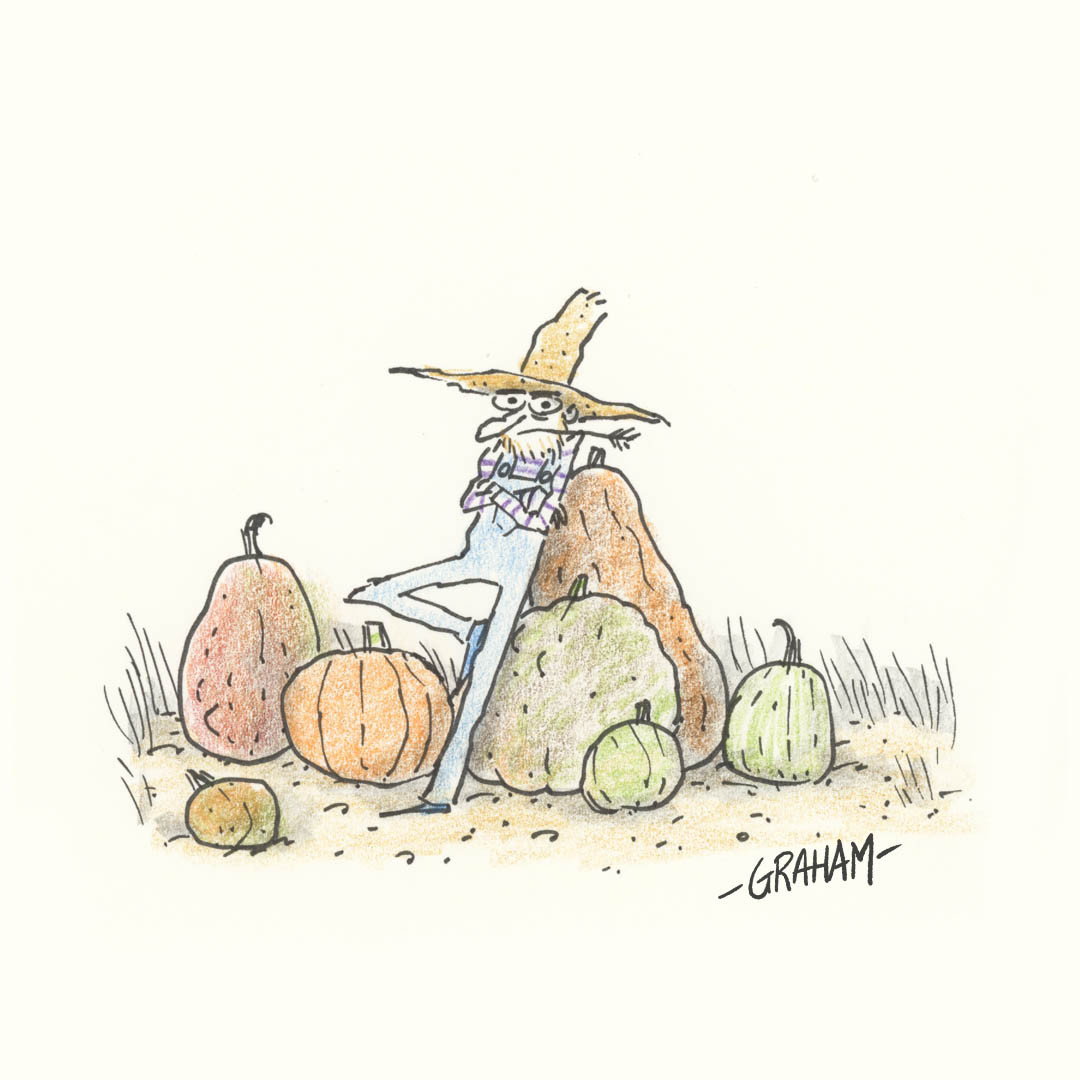 A cartoon illustration of a grumpy looking farmer leaning on a pile of gourds.