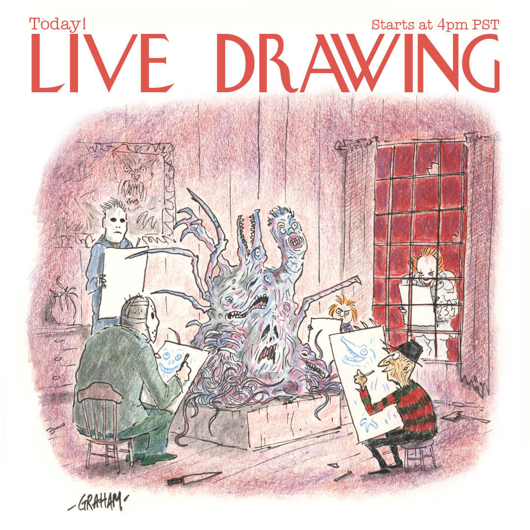 A cartoon illustration of Freddy (Nightmare on Elm Street), Jason (Friday the 13th), Mike Myers (Halloween), Chucky (Child's Play), and Pennywise (It) in an art studio doing life drawing of the creature from The Thing.