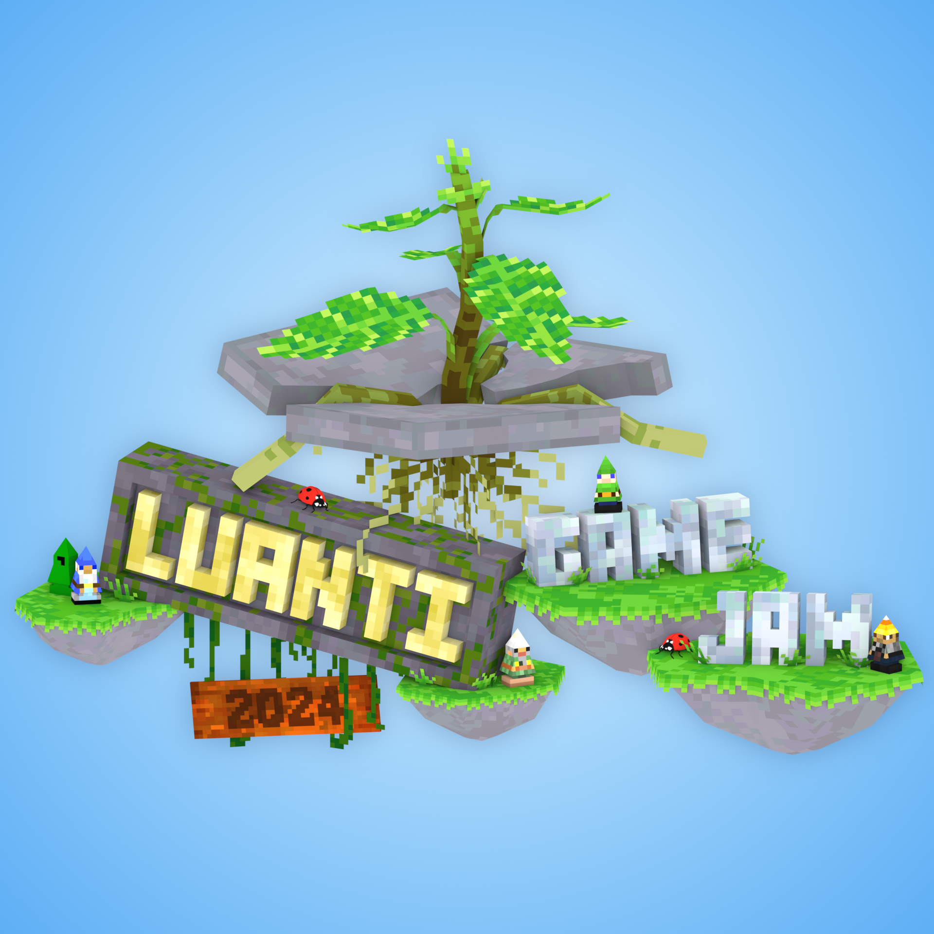 A banner for the game jam. The text "Luanti game jam 2024" appears floating on small stone islands, with small gnomes and a ladybird