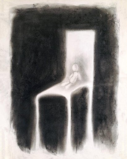 Eerie charcoal drawing of a lone rag doll sitting on a ghostly chair.