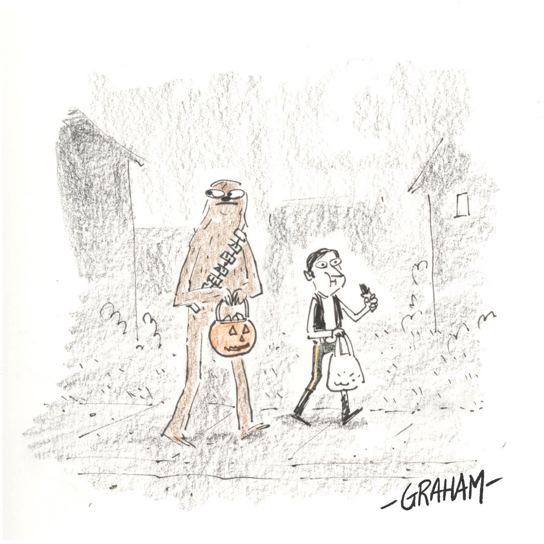 A cartoon illustration of Chewbacca and Han Solo out trick or treating in a contemporary neighborhood. Han is eating a chocolate bar from his bag of candy.