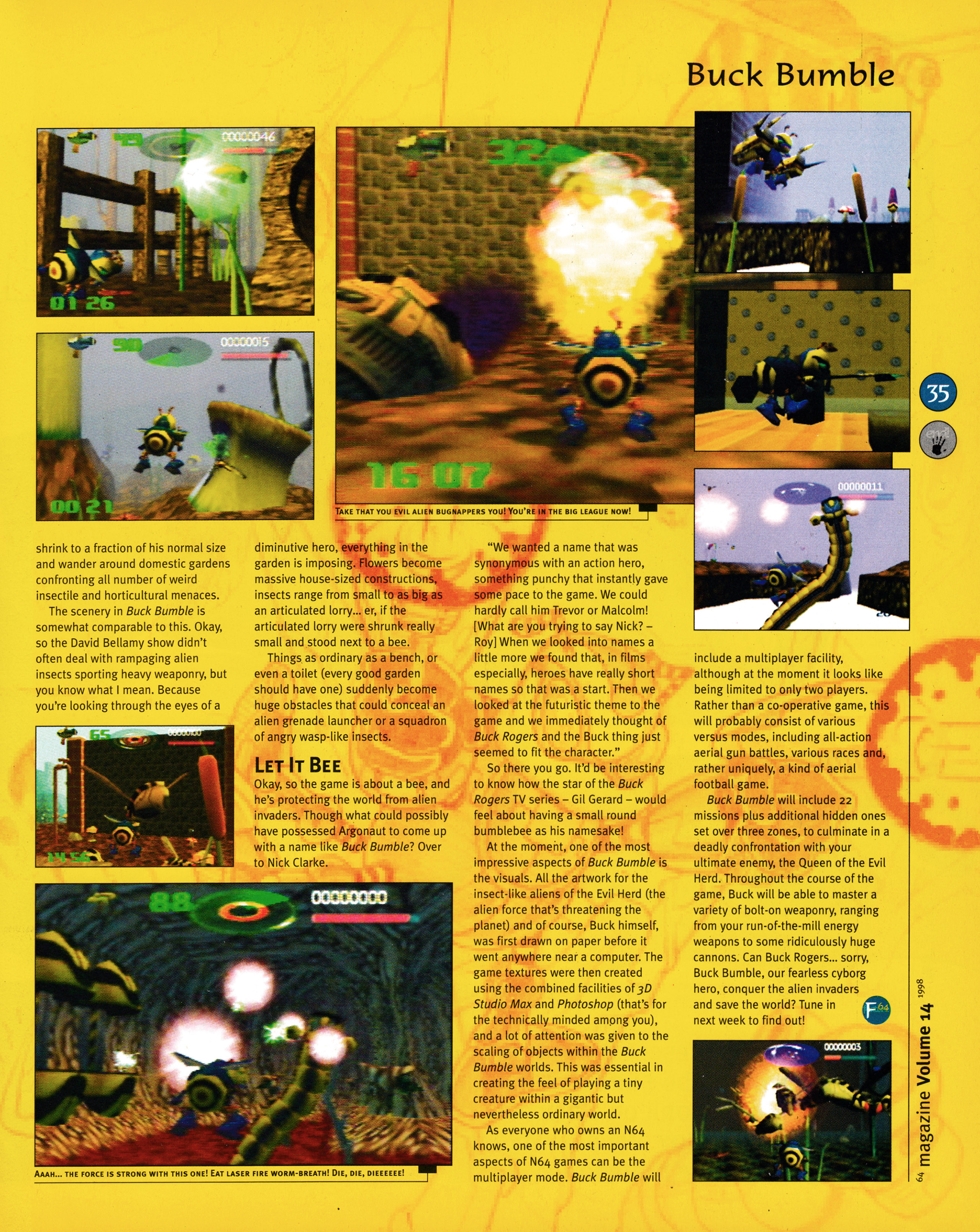 Feature on Buck Bumble for Nintendo 64 from 64 Magazine 14 - June 1998 (UK)