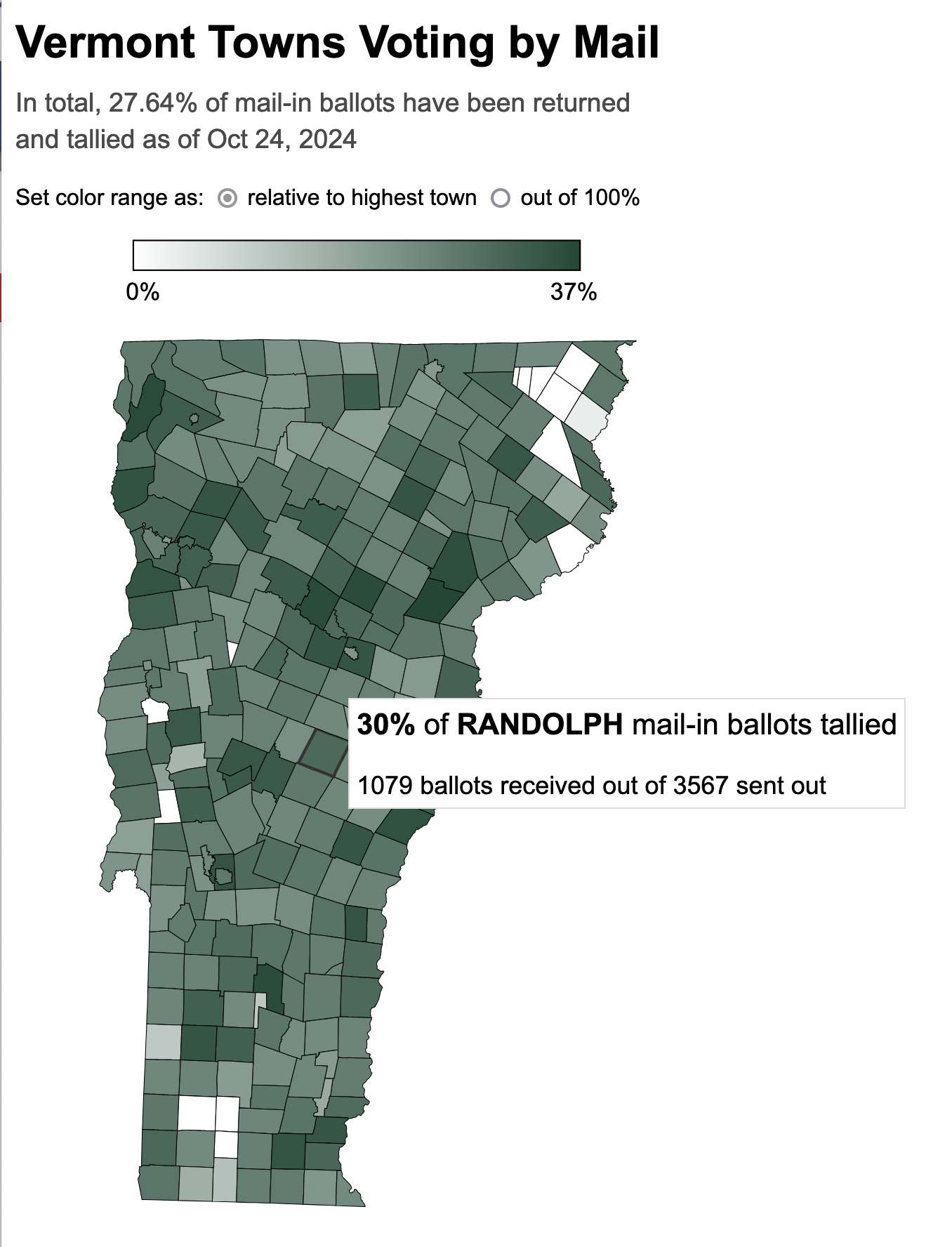 screenshot of this tool showing each town shaded a different color of green reflecting the number of mailed in ballots already processed. There is a hover over the town of Randolph (where I live) showing that my town is at 30%