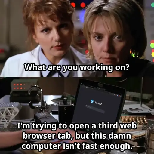 Panel 1: Dr. Frasier saying "What are you working on?" Panel 2: Shot of a computer screen with Carter saying "I'm trying to open a third web browser tab, but this damn computer isn't fast enough."