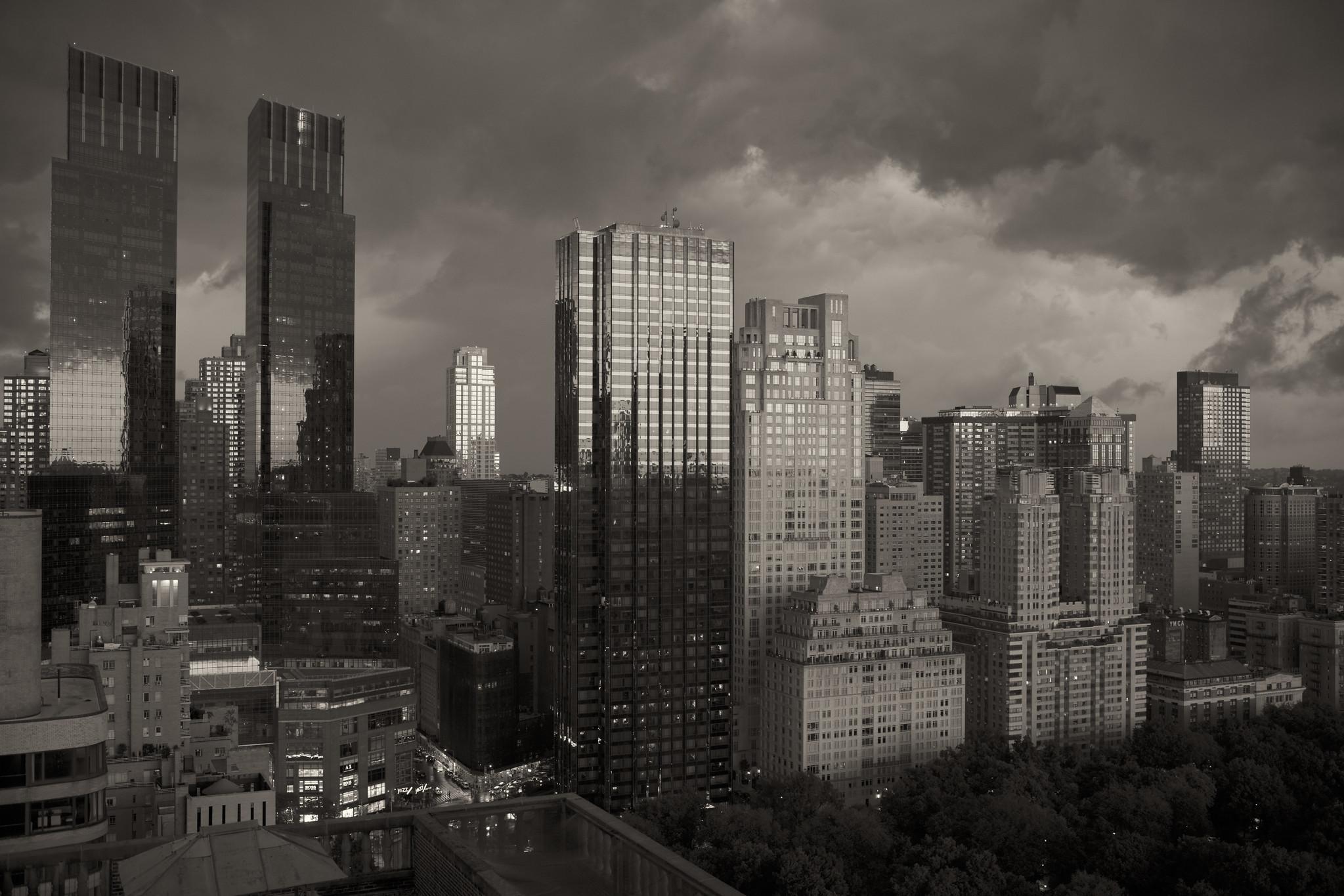 Skyline of the Upper West Side of NYC along lower Central Park West. A storm is brewing.