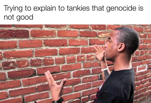 man talking to wall, trying to explain to tankies that genocide is not good