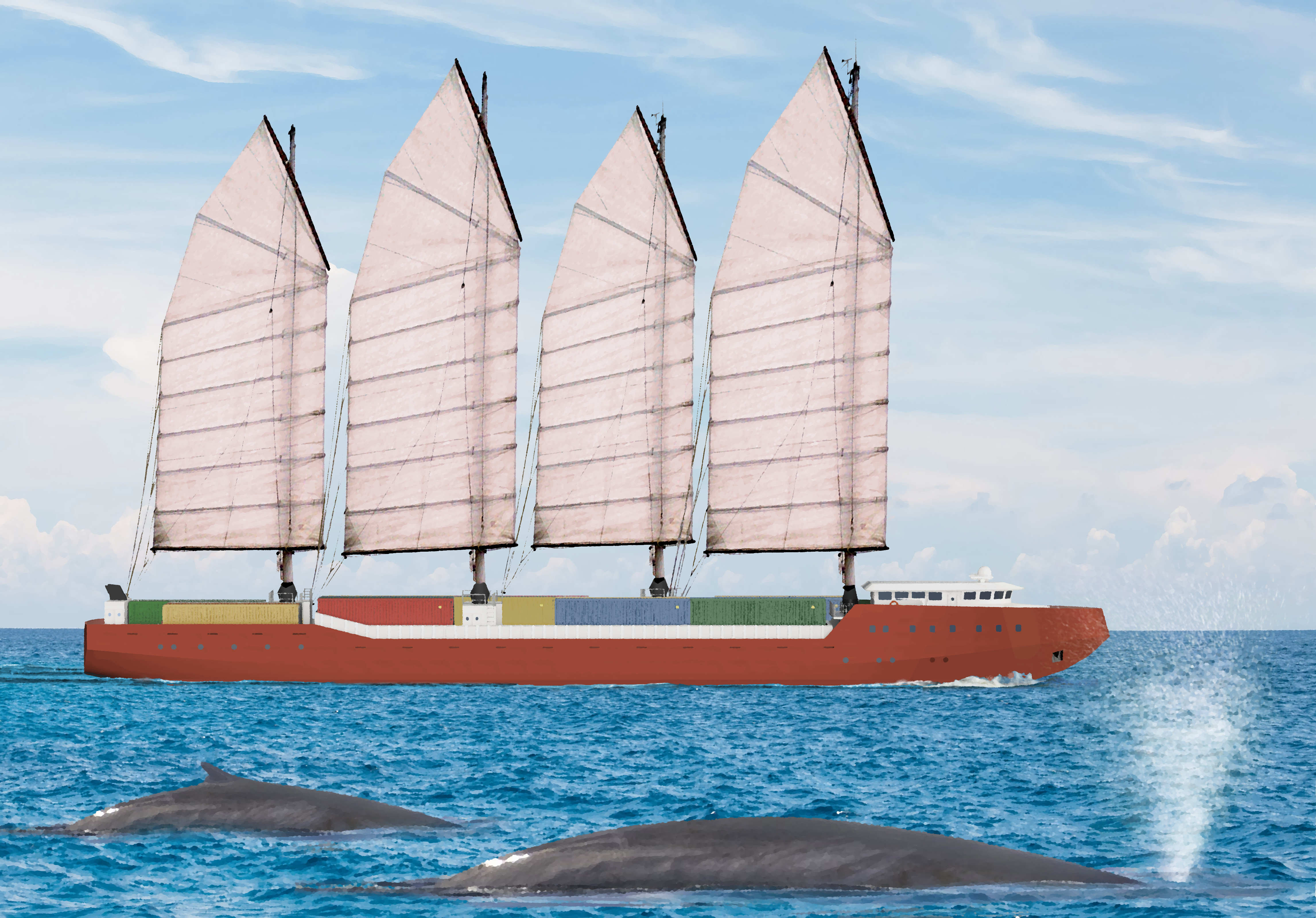 The image shows a sort of strange container ship with junk-rigged sails on masts offset from the centerline in a sort of zigzag pattern. Blue whales surface and spout in the foreground.