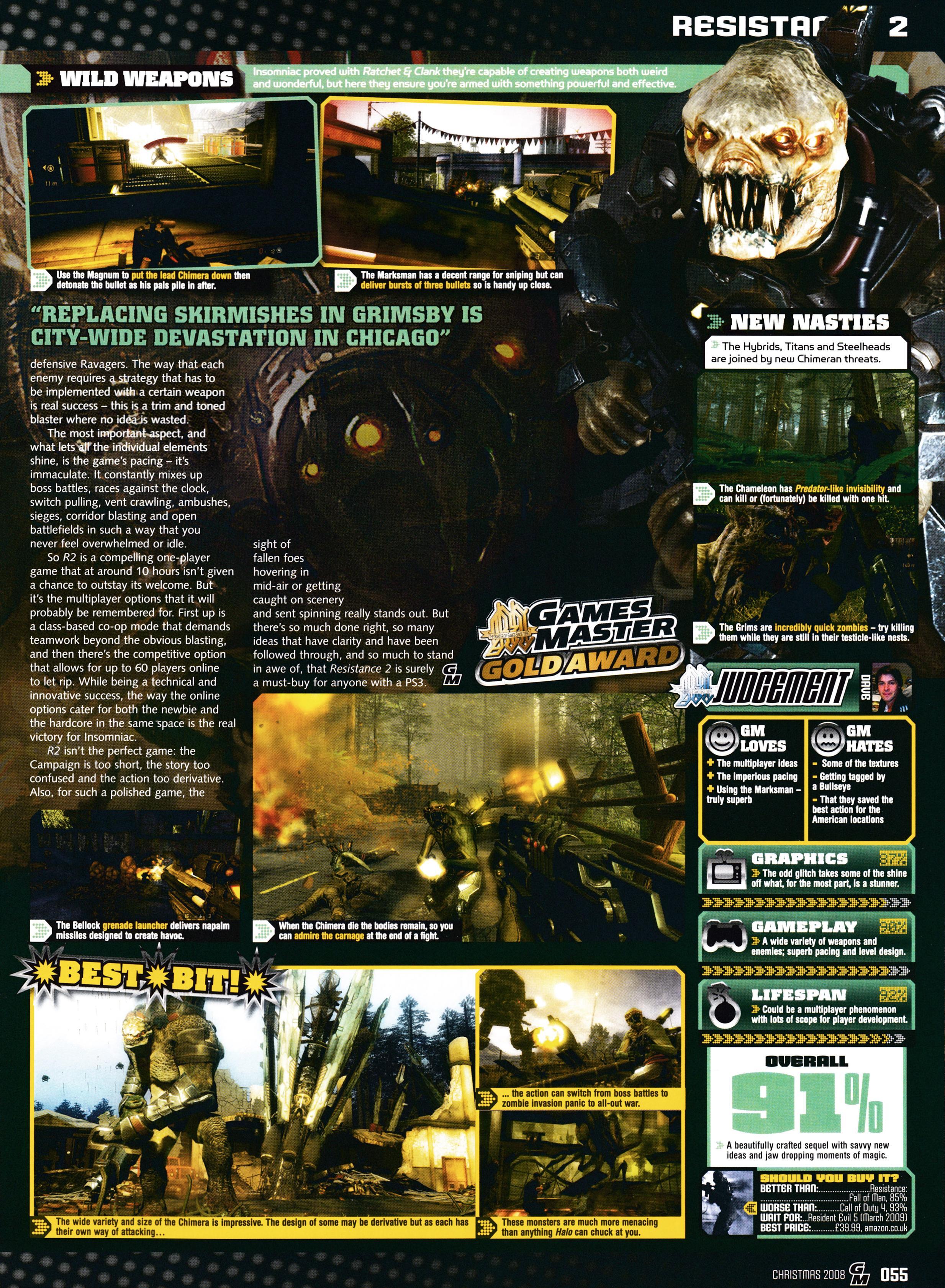 Review for Resistance 2 on PlayStation 3.
Taken from GamesMaster 206 - Christmas 2008 (UK) 

score: 91%