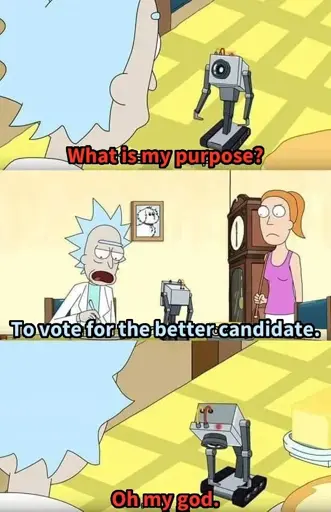 🤖: “What is my purpose?” 👴: “To vote for the better candidate.” 🤖: “OMG.”