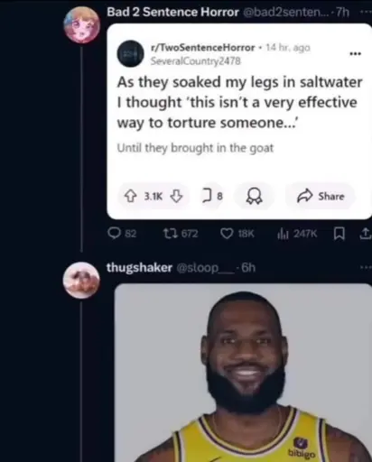 The image contains two pictures, the 2nd picture is a response to the first.

The first picture is a screenshot of a Reddit post from the community "2 sentence horror" and reads as follows: 
"As they soaked my legs in saltwater I thought 'This isn't a very effective way to torture someone' ... Until they brought in the goat."

The 2nd picture is a shoulders-up picture of Lebron James smiling.