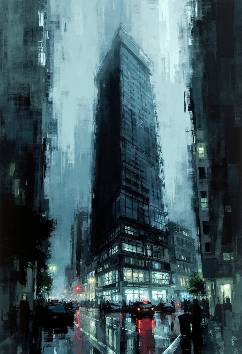 A rainy urban scene dominated by a tall, skyscraper in the center. The building is surrounded by other high-rise structures, creating a canyon-like effect. The streets below are wet, reflecting the city lights and the lights of cars. The atmosphere is misty and somewhat somber, with a palette of blues and grays. Pedestrians and vehicles are visible, adding life to the otherwise moody setting. 