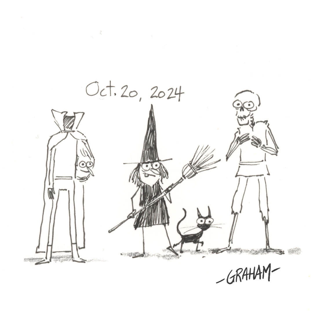 A cartoon illustration of a witch, headless caped man, black cat, and a skeleton in clothing with the date Oct.20, 2024 written above.