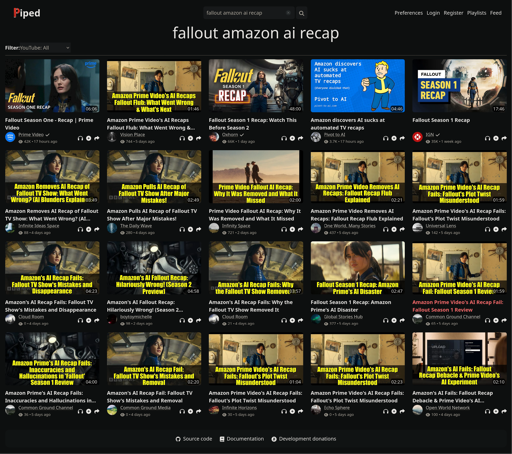 Screenshot of a search of "fallout amazon ai recap" on YT, with the results being the new official recap, David's video on that topic, a seemingly more legit channel recaping, IGN's recap and 16x the almost exact same GenML slop thumbnail and video
