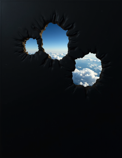 A dark, textured surface with three irregularly shaped holes torn through it. Through these holes, a bright blue sky filled with white clouds is visible. The contrast between the dark, almost black surface and the vibrant sky creates a striking visual effect. The edges of the tears appear jagged and rough, adding to the dramatic impact of the image. 