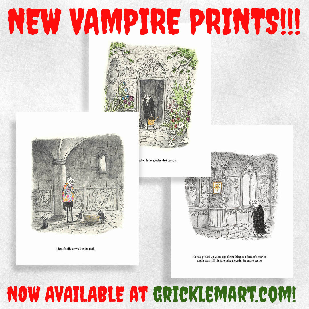 An image showing 3 cartoon illustrated vampire prints now available at gricklemart.com